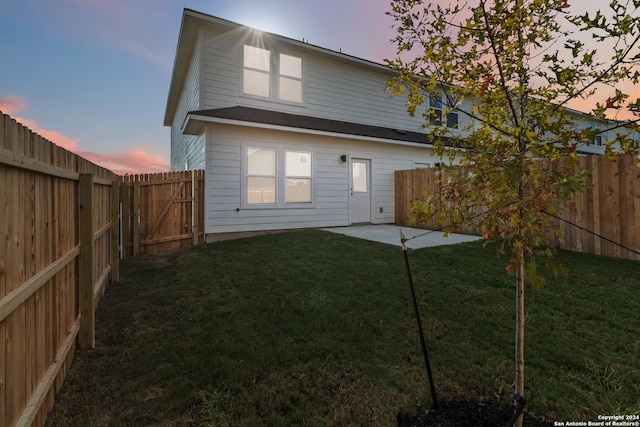 back of property with a yard, a patio area, and a fenced backyard