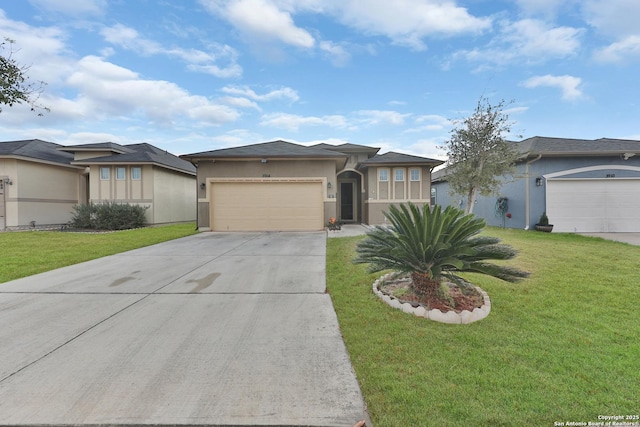 prairie-style house featuring an attached garage, driveway, a front lawn, and stucco siding