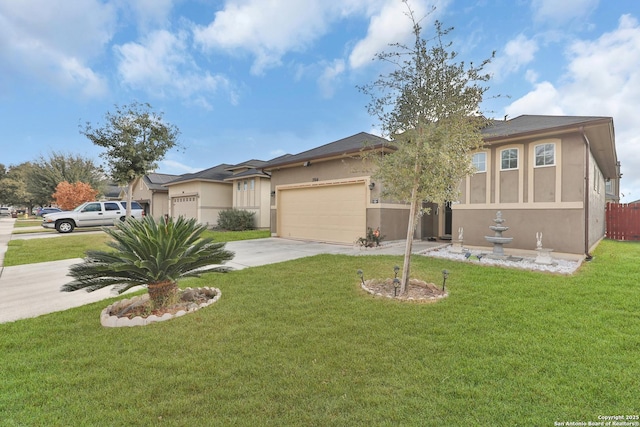 view of front of property with a garage, a front lawn, concrete driveway, and stucco siding