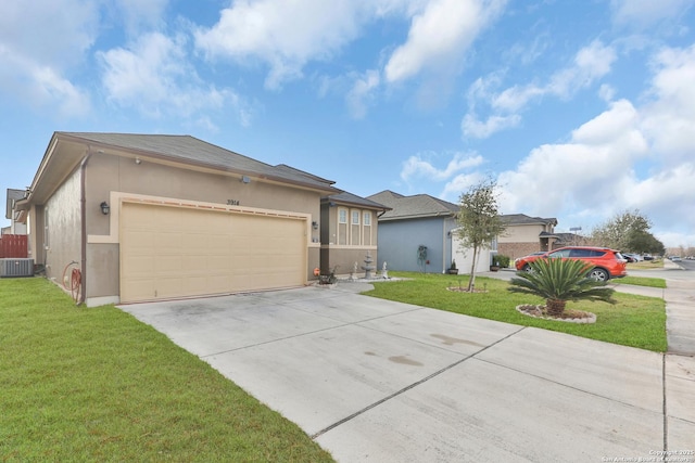 ranch-style house featuring stucco siding, concrete driveway, a front yard, a garage, and cooling unit