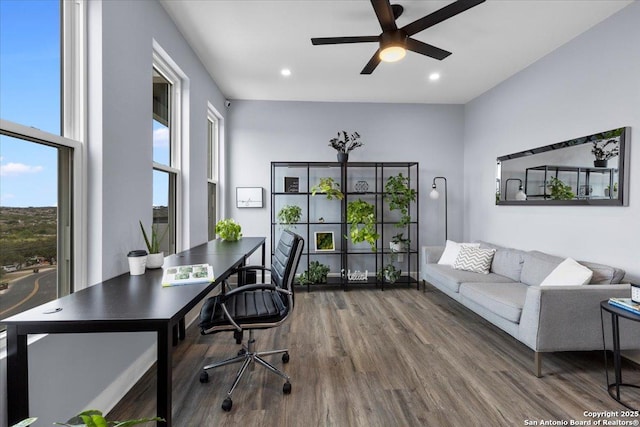 office space featuring recessed lighting, ceiling fan, baseboards, and wood finished floors