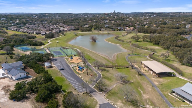 drone / aerial view with a water view