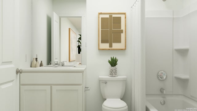 bathroom featuring  shower combination, vanity, and toilet