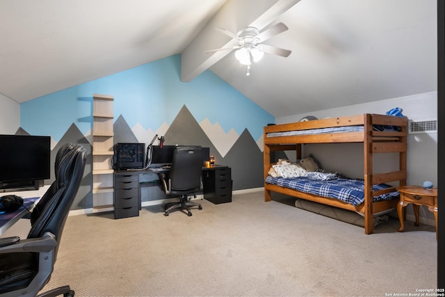 carpeted bedroom featuring vaulted ceiling with beams, baseboards, and a ceiling fan