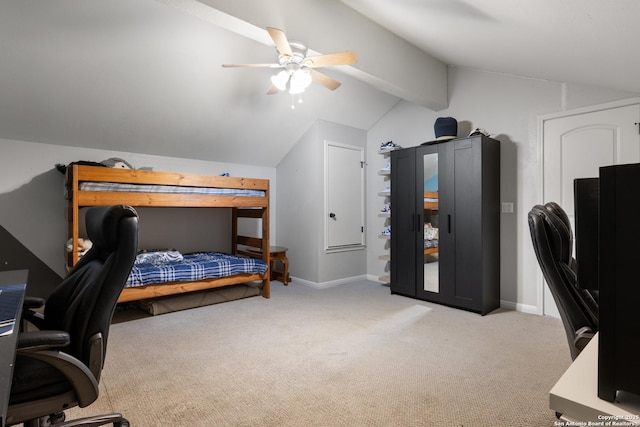 bedroom with vaulted ceiling with beams, ceiling fan, carpet, and baseboards