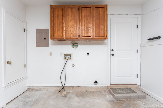 washroom with washer hookup, cabinet space, electric dryer hookup, electric panel, and baseboards