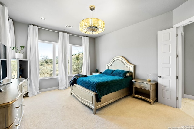 carpeted bedroom with recessed lighting, visible vents, and baseboards