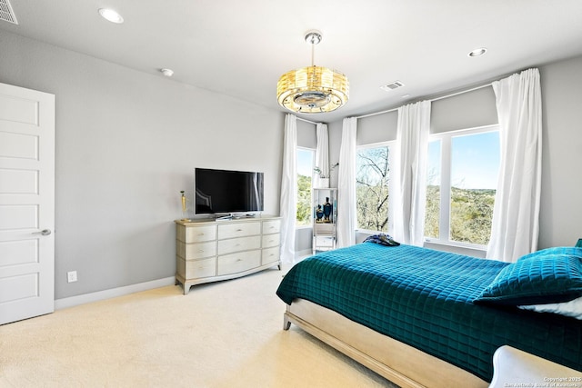 bedroom with carpet floors, visible vents, and recessed lighting