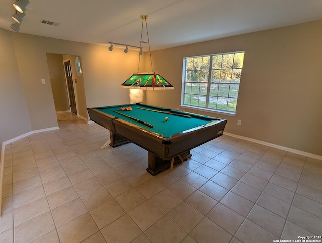 playroom with pool table, visible vents, baseboards, and light tile patterned flooring