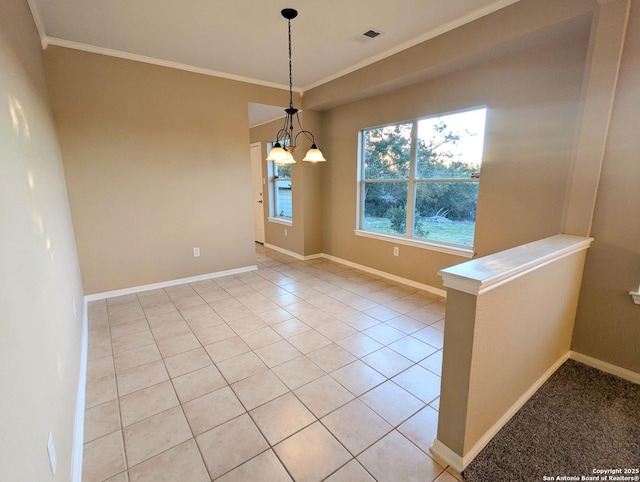 empty room featuring baseboards, light tile patterned flooring, visible vents, and crown molding