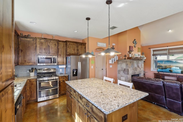 kitchen featuring visible vents, backsplash, open floor plan, finished concrete flooring, and stainless steel appliances