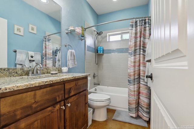 bathroom featuring toilet, shower / bath combo with shower curtain, and vanity