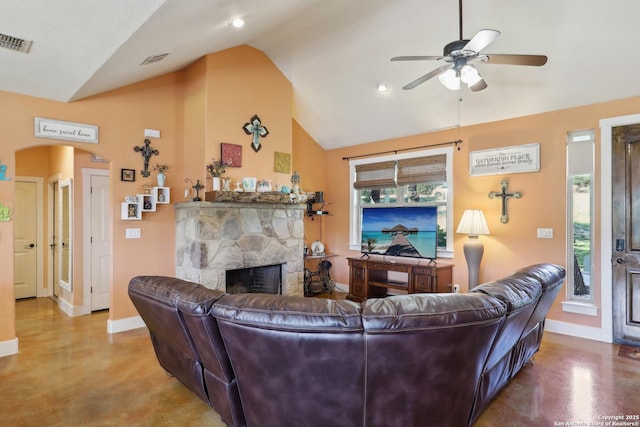 living room featuring visible vents, arched walkways, concrete floors, and ceiling fan