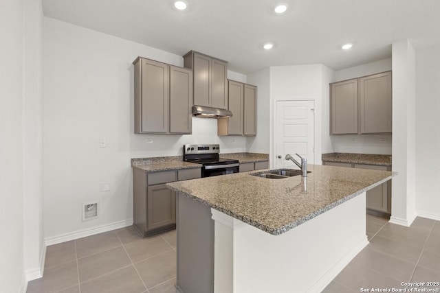 449 Horizon Pl, Seguin, TX 78155 - kitchen featuring stainless steel electric range oven, a sink, under cabinet range hood, light tile patterned flooring, and recessed lighting