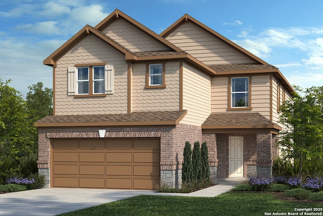 view of front facade featuring a garage, brick siding, driveway, and roof with shingles