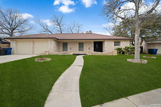 ranch-style house featuring a front lawn, concrete driveway, stone siding, and an attached garage