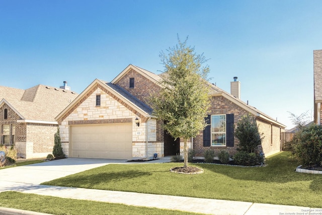 view of front of property featuring concrete driveway, stone siding, a chimney, an attached garage, and a front lawn