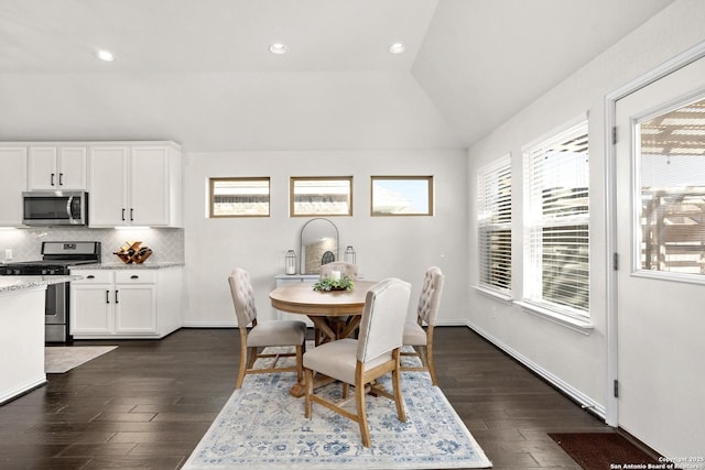 dining space featuring vaulted ceiling, baseboards, dark wood finished floors, and a healthy amount of sunlight