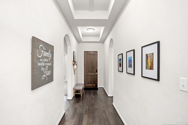 hallway featuring baseboards, a raised ceiling, and wood finished floors