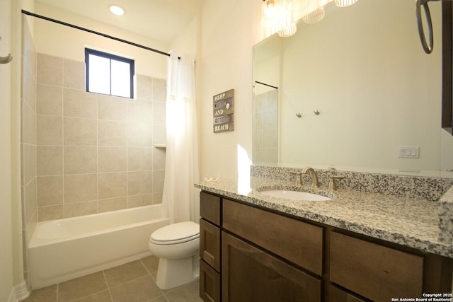 bathroom with vanity, shower / tub combo, tile patterned flooring, and toilet