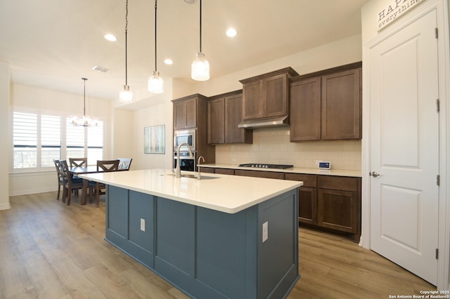 kitchen with light wood-style flooring, a sink, appliances with stainless steel finishes, backsplash, and a center island with sink