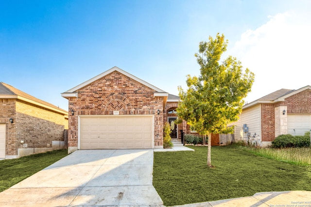 single story home with a garage, a front lawn, concrete driveway, and brick siding