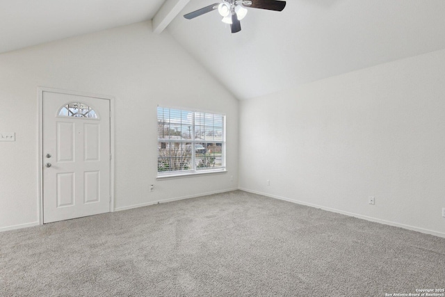 carpeted spare room with high vaulted ceiling, beam ceiling, ceiling fan, and baseboards