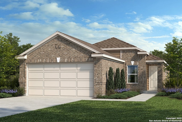 view of front of house with a garage, driveway, roof with shingles, a front lawn, and brick siding