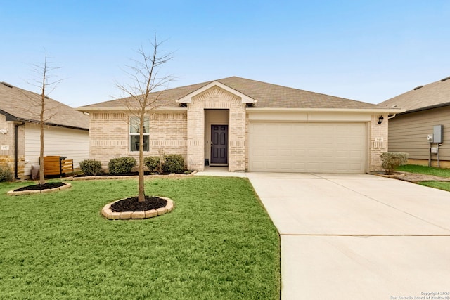 view of front of home with brick siding, roof with shingles, concrete driveway, an attached garage, and a front yard