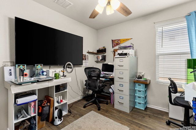 home office with baseboards, wood finished floors, visible vents, and a ceiling fan