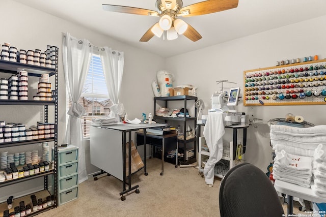 office space featuring ceiling fan and carpet flooring