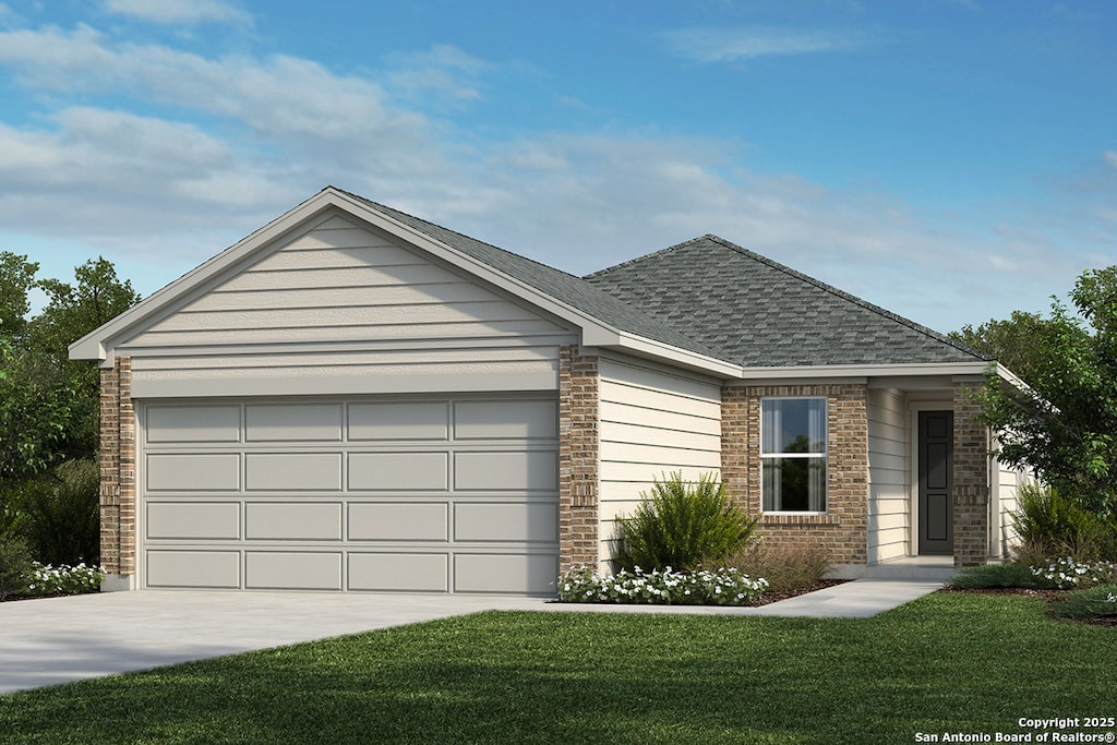 ranch-style house featuring concrete driveway, brick siding, a front lawn, and an attached garage