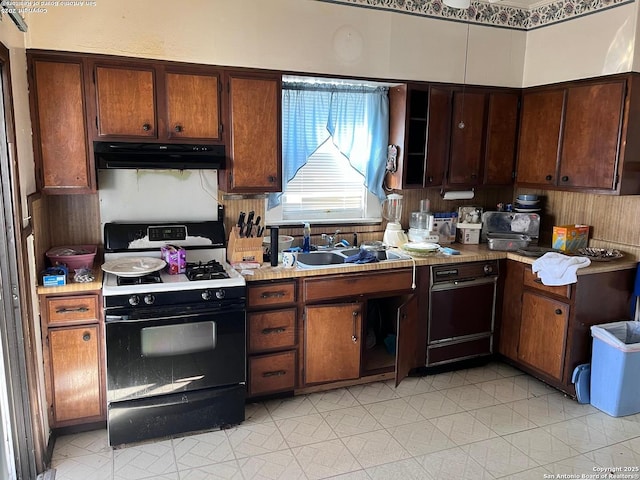 kitchen featuring under cabinet range hood, a sink, and black gas range oven