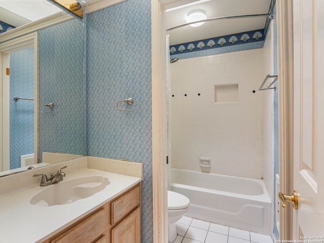 bathroom with tile patterned floors, shower / bathtub combination, toilet, and wallpapered walls