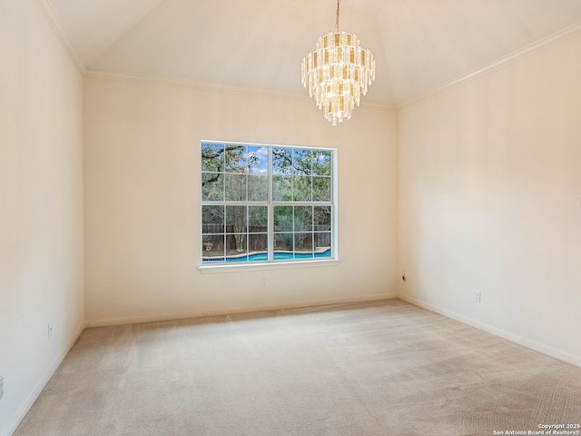 carpeted empty room featuring lofted ceiling, an inviting chandelier, baseboards, and crown molding