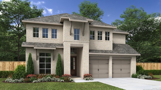 view of front facade with driveway, brick siding, and fence