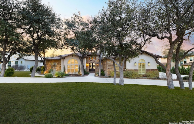 view of front of home with stone siding and a front lawn