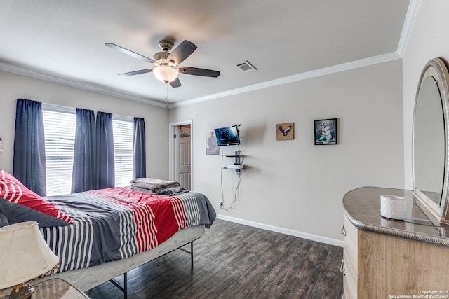 bedroom featuring baseboards, visible vents, a ceiling fan, dark wood finished floors, and crown molding