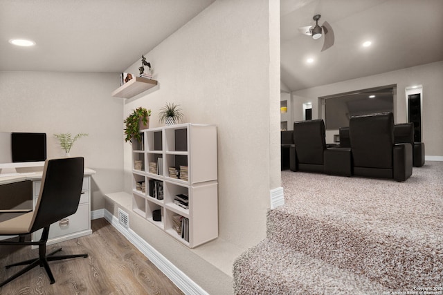 office featuring lofted ceiling, recessed lighting, wood finished floors, a ceiling fan, and baseboards