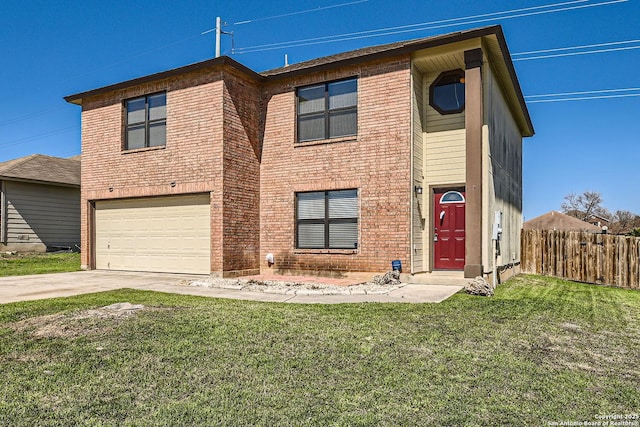 view of front of property featuring a front yard, brick siding, and fence