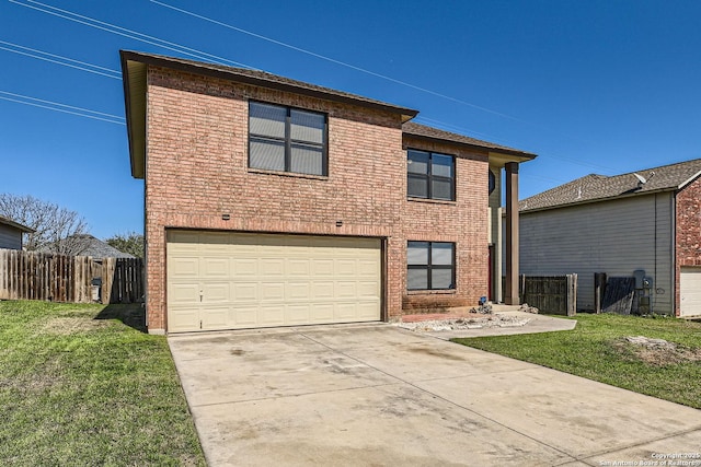 traditional-style house with brick siding, a front yard, and fence