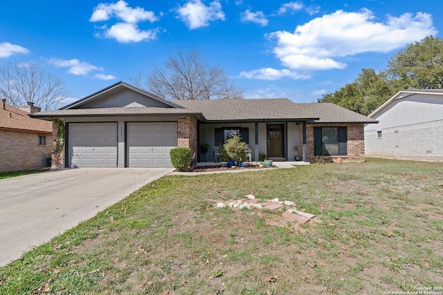 ranch-style home with a garage, concrete driveway, brick siding, and a front lawn