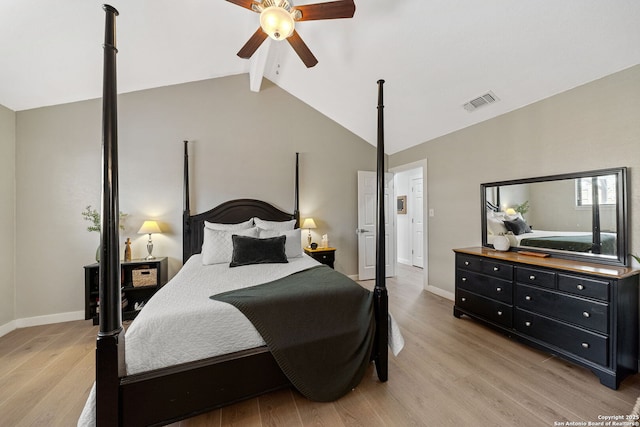 bedroom with vaulted ceiling with beams, visible vents, ceiling fan, light wood-type flooring, and baseboards