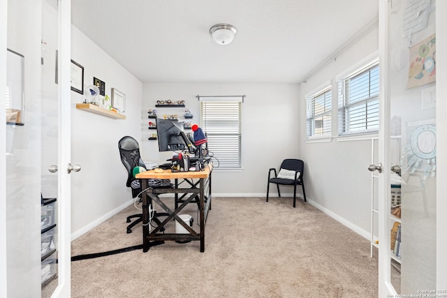 carpeted office with baseboards and french doors