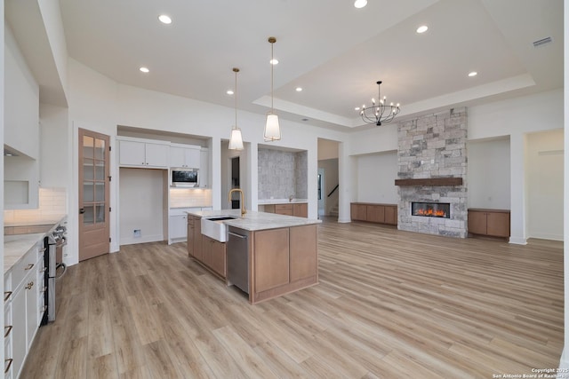 kitchen with a fireplace, a sink, appliances with stainless steel finishes, tasteful backsplash, and a raised ceiling