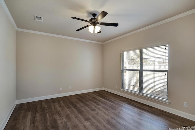 unfurnished room featuring dark wood-style flooring, crown molding, visible vents, ceiling fan, and baseboards