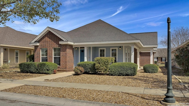 view of front of house with brick siding and a shingled roof