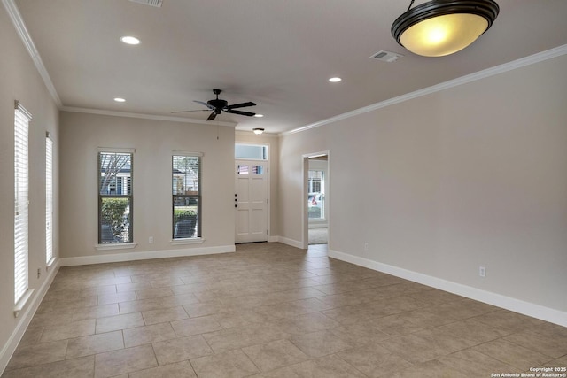 spare room featuring baseboards, visible vents, ornamental molding, and recessed lighting