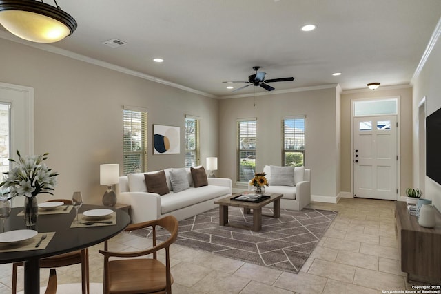 tiled living area with baseboards, visible vents, crown molding, and recessed lighting