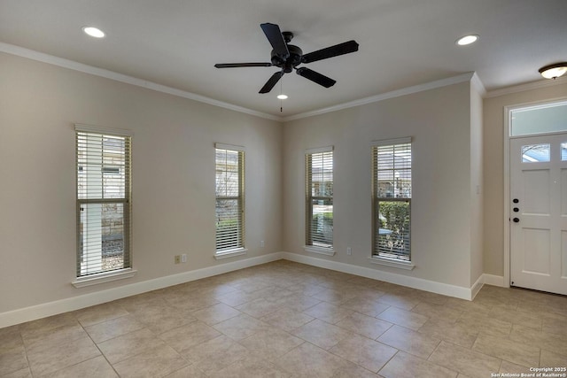 foyer entrance with ornamental molding, recessed lighting, baseboards, and a ceiling fan